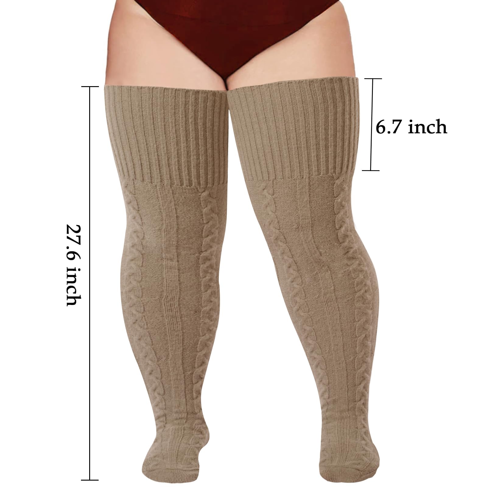 Plus Size Thigh High Socks Wool Cable Knit - Beige-Moon Wood