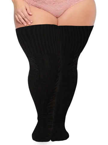 Plus Size Thigh High Socks Wool Cable Knit - Black