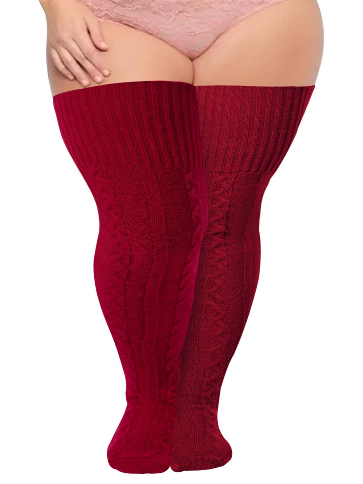 Plus Size Thigh High Socks Wool Cable Knit - Burgundy