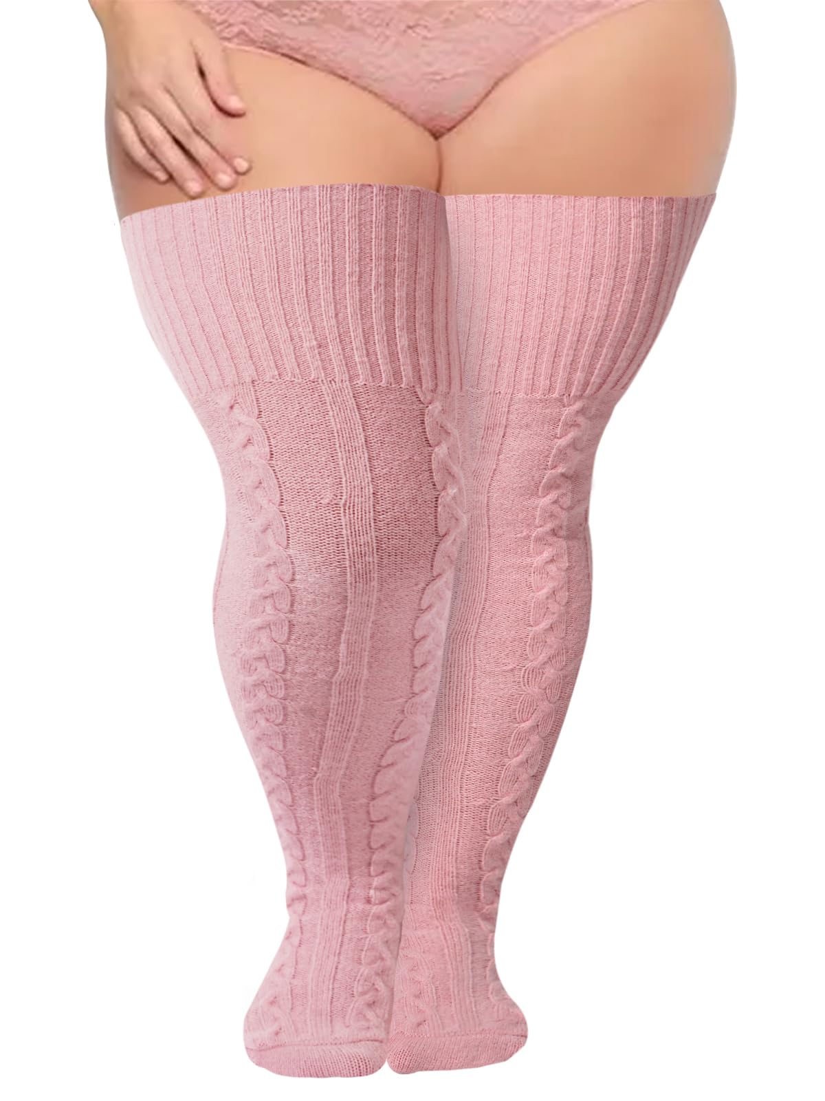 Plus Size Thigh High Socks Wool Cable Knit - Pink