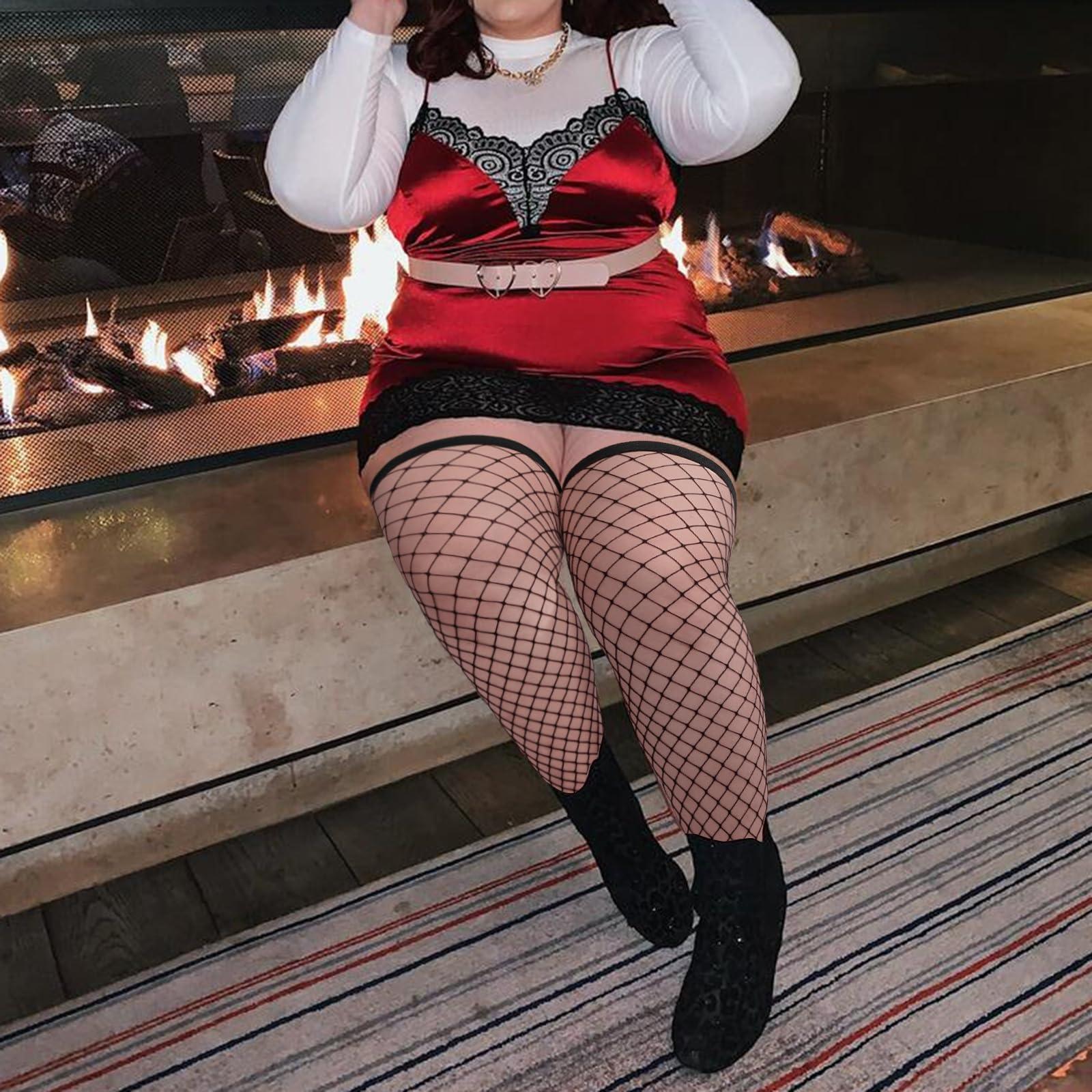 bbw in fish nets Plus Size Thigh High Stockings Fishnet Stockings-Black