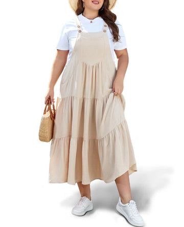 Plus Size Tiered Bib Overall Dress - Beige, XL Plus Size Tiered Bib Overall Dress - Beige, XL