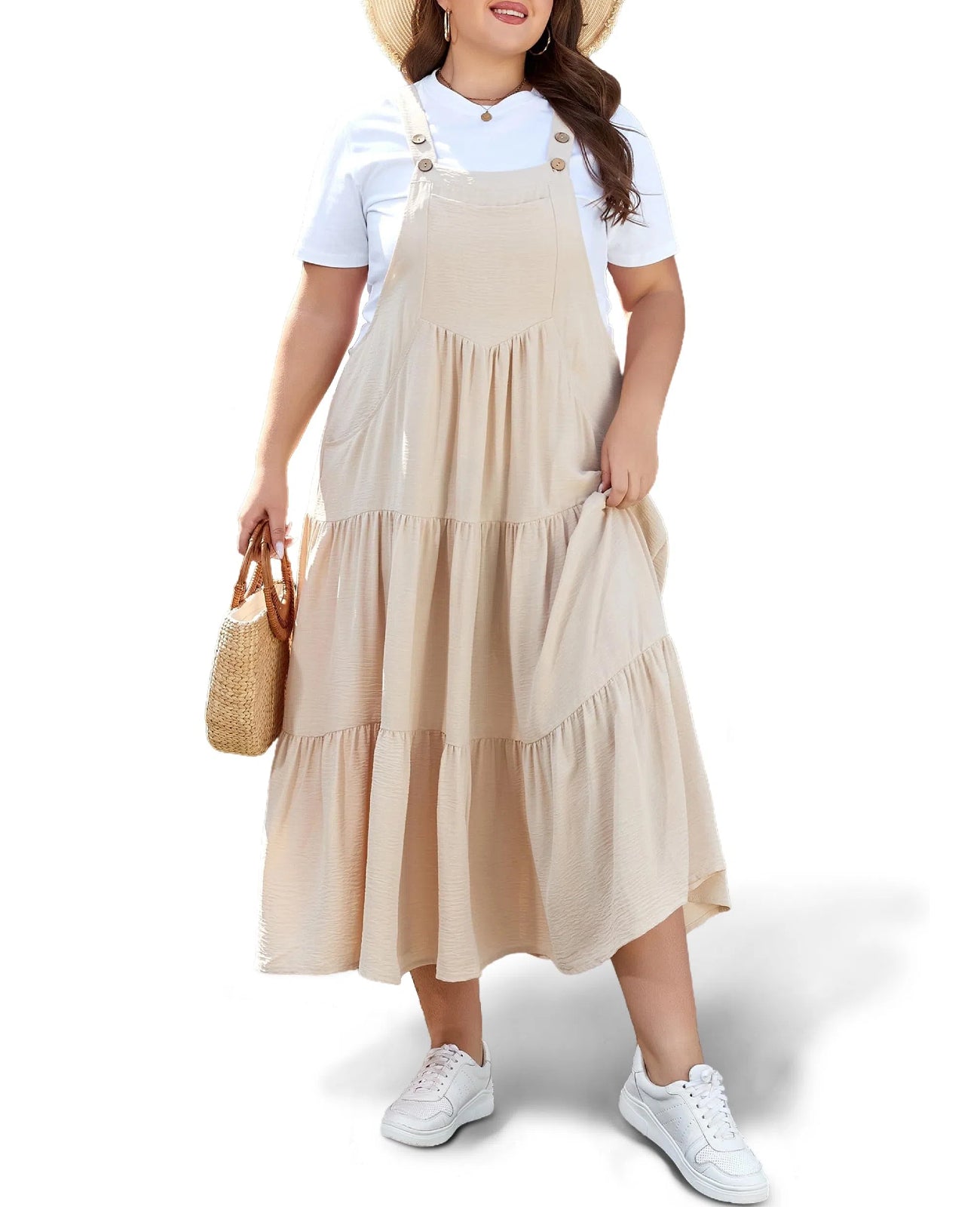 cream overall dress Plus Size Tiered Bib - Beige length = 56“ Try sexy black evening dresses Collection:E1 Size:Small/Medium (Flexible fit – designed to suit most small to medium body types)