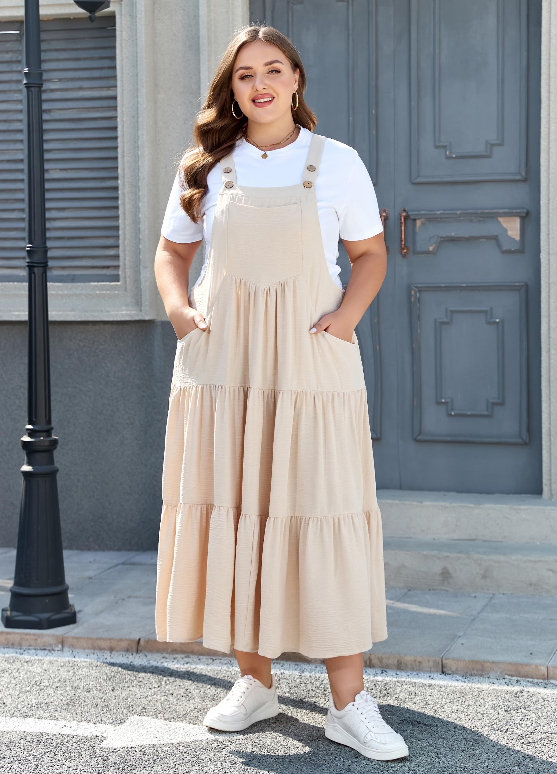 Plus Size Tiered Bib Overall Dress - Beige, XL Plus Size Tiered Bib Overall Dress - Beige, XL