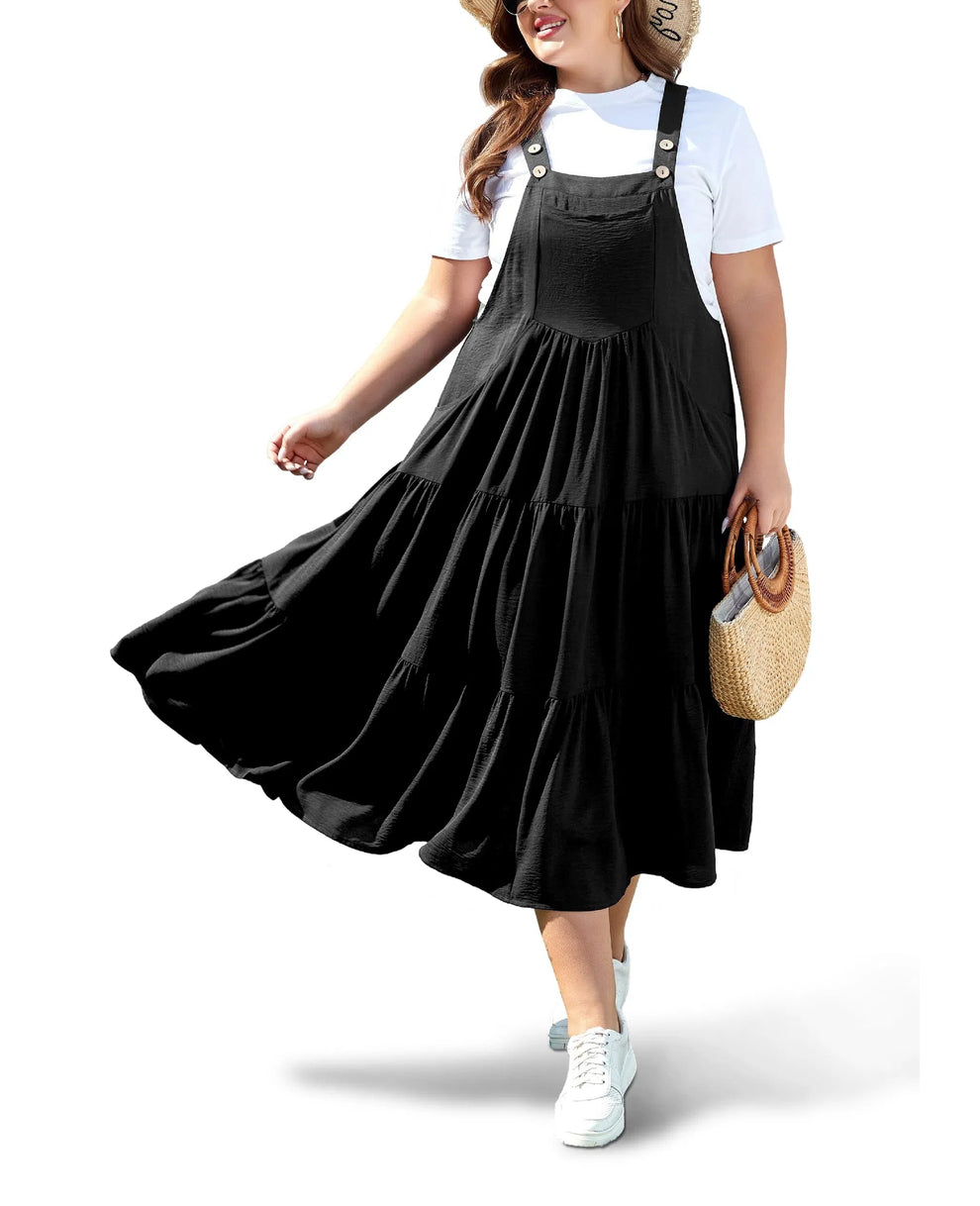 Plus Size Tiered Bib Overall Dress