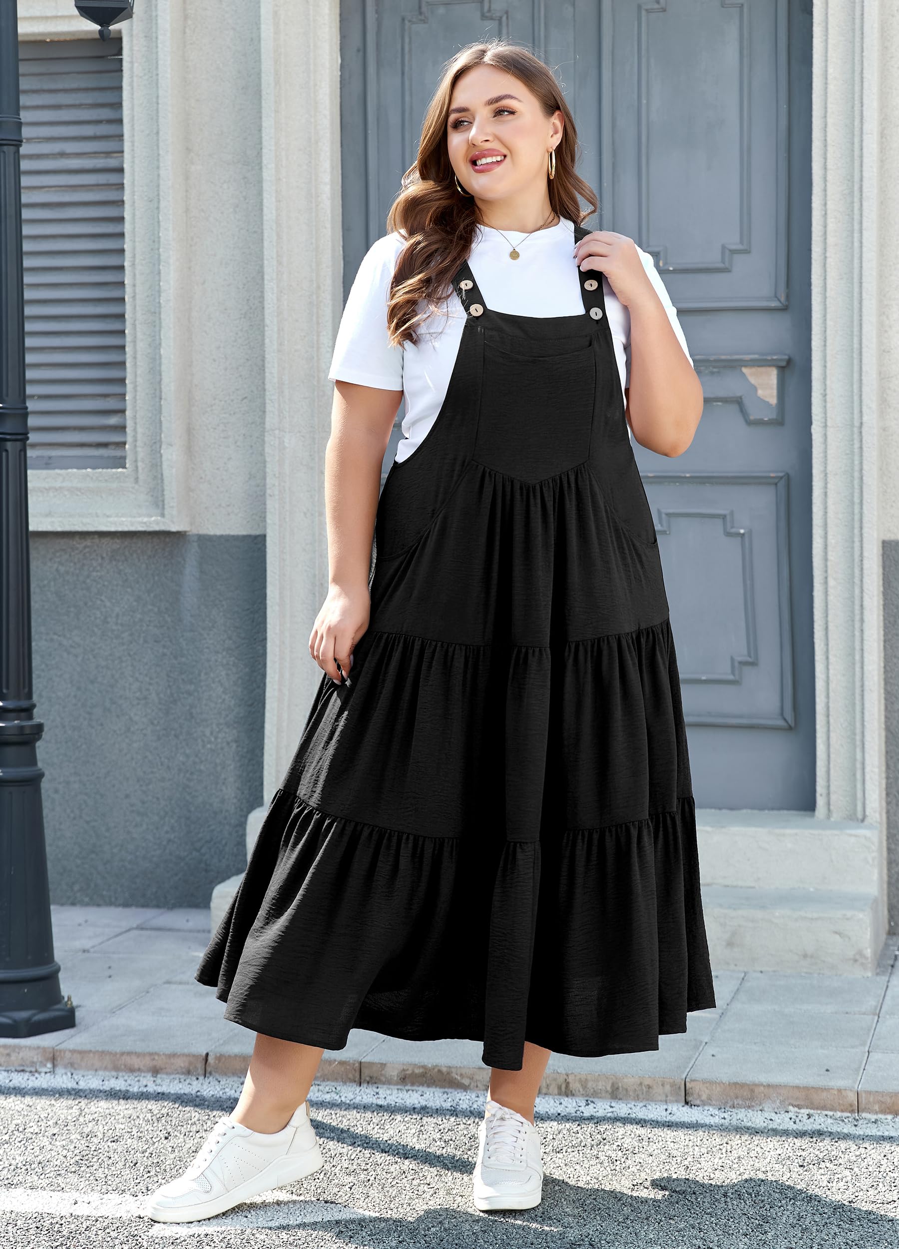 Plus Size Tiered Bib Overall Dress - Black, 5XL Plus Size Tiered Bib Overall Dress - Black, 5XL