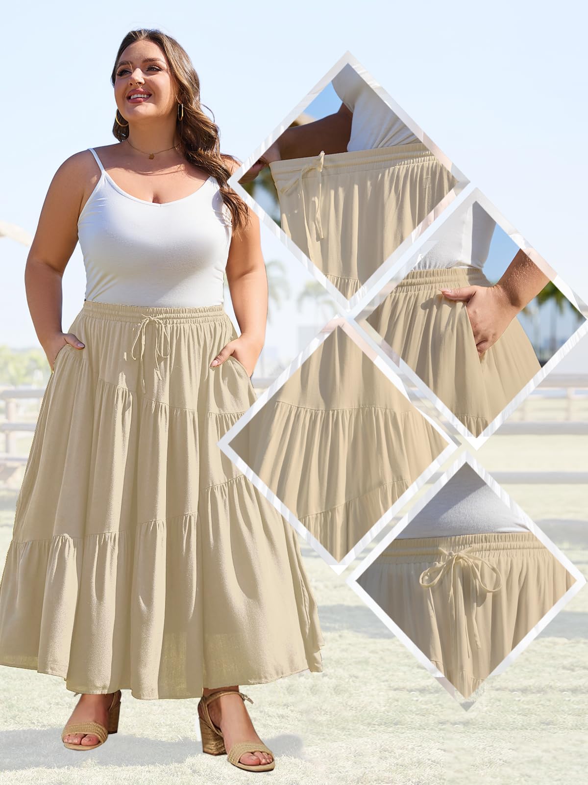Plus Size Tiered Maxi Skirt-Almond | Moon Wood
