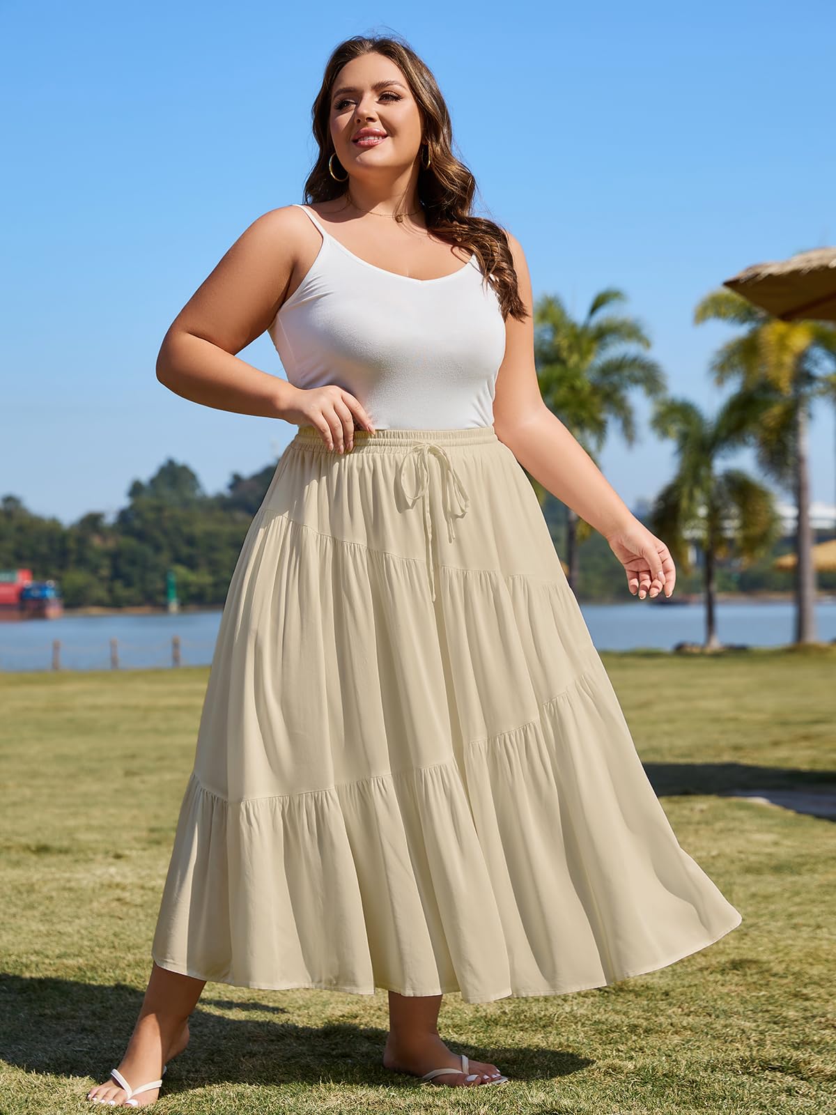 Plus Size Tiered Maxi Skirt-Almond | Moon Wood