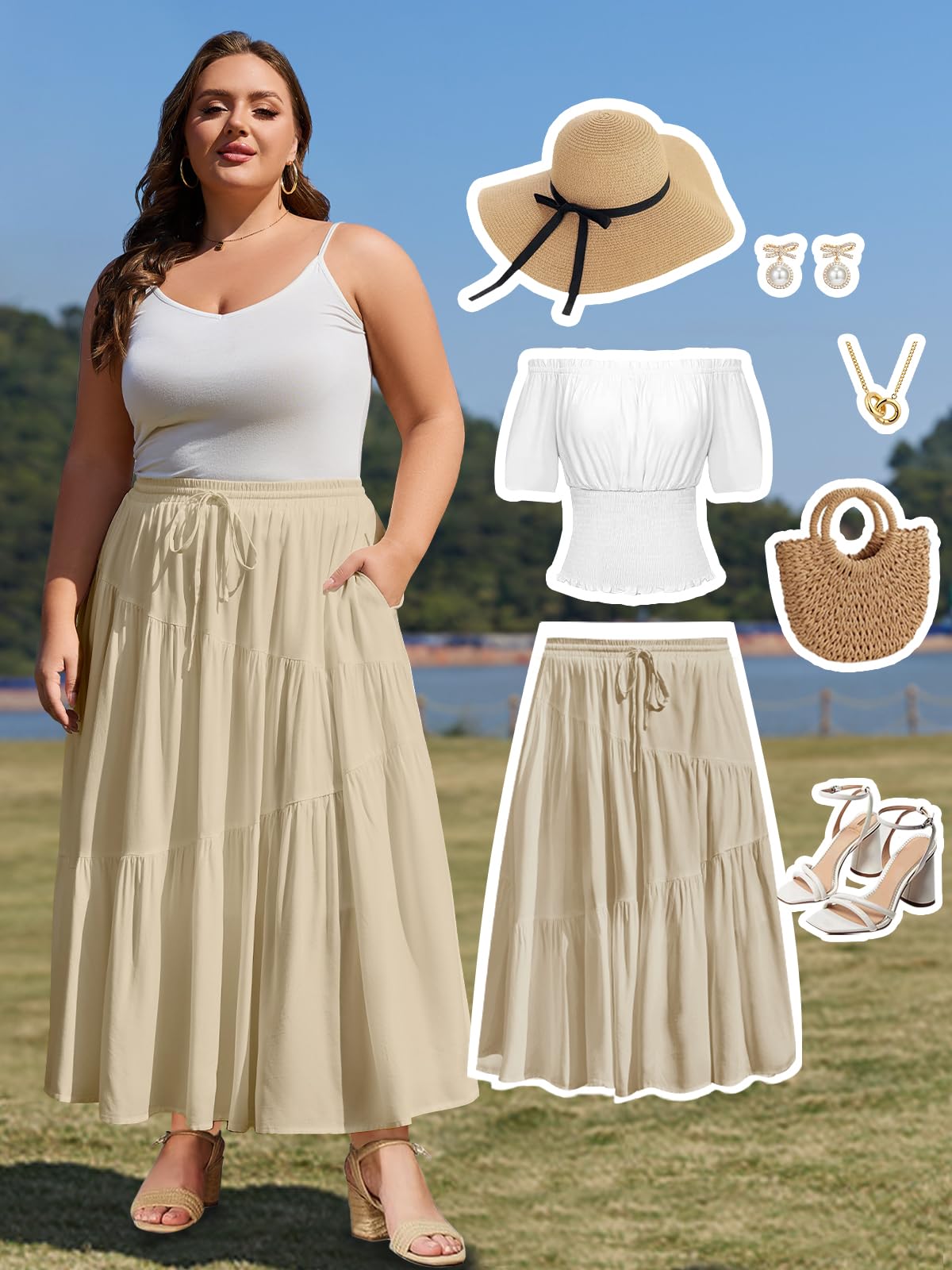 Plus Size Tiered Maxi Skirt-Almond | Moon Wood