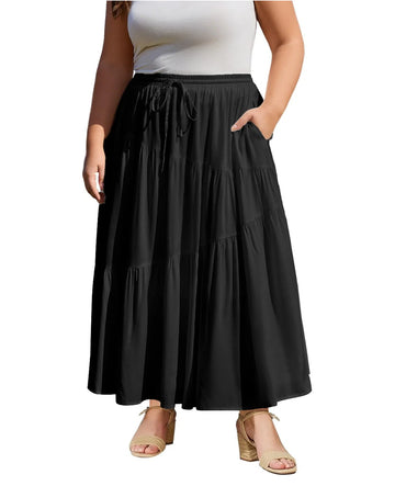 Plus Size Tiered Maxi Skirt-Black