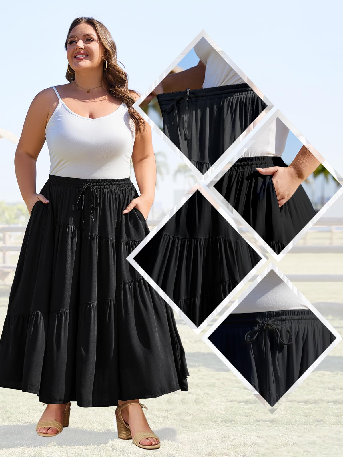 Plus Size Tiered Maxi Skirt-Black Moon Wood