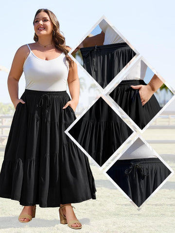 Plus Size Tiered Maxi Skirt-Black