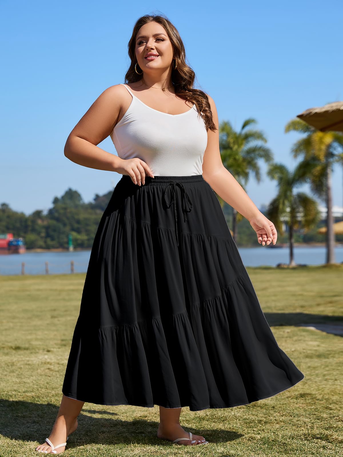 Plus Size Tiered Maxi Skirt-Black | Moon Wood