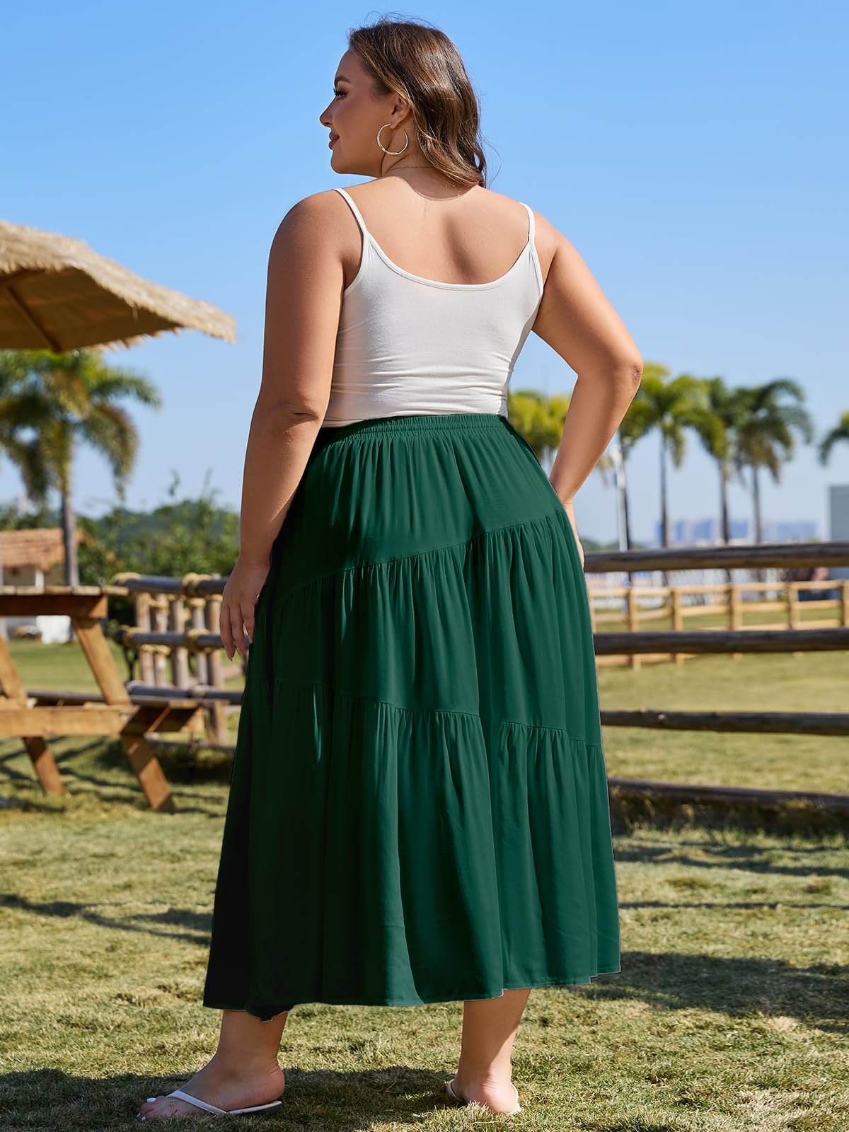 Plus Size Tiered Maxi Skirt-Green | Moon Wood