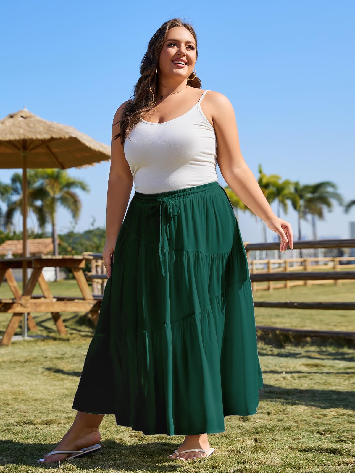 Plus Size Tiered Maxi Skirt-Green | Moon Wood