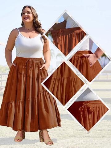 Plus Size Tiered Maxi Skirt-Orange