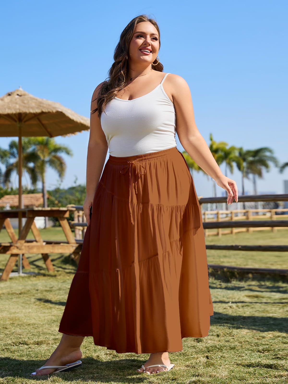 Plus Size Tiered Maxi Skirt-Orange| Moon Wood