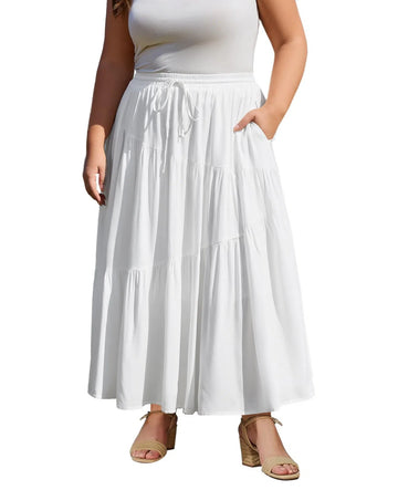 Plus Size Tiered Maxi Skirt-White