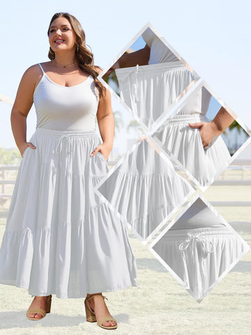 Plus Size Tiered Maxi Skirt-White