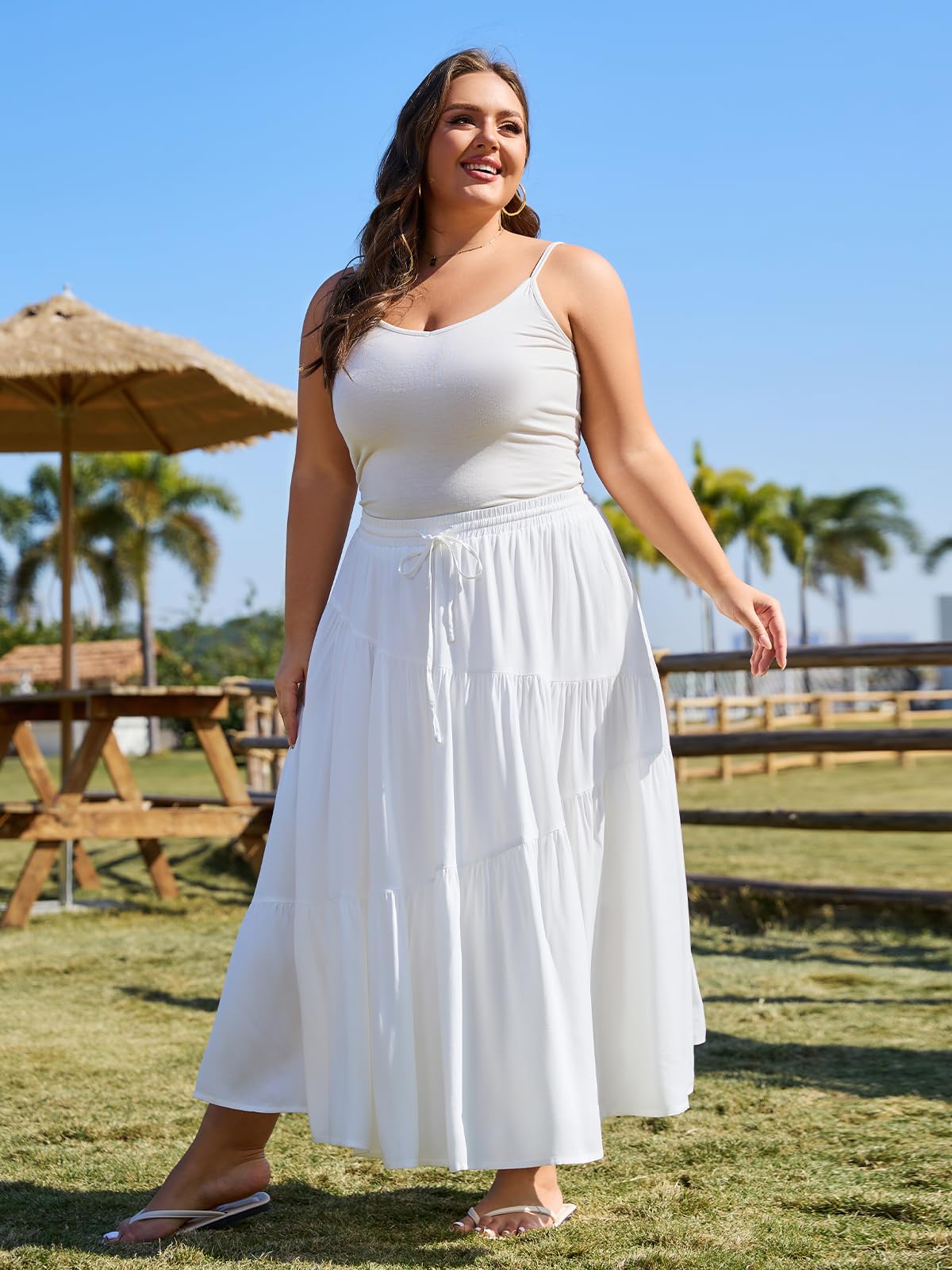 Plus Size Tiered Maxi Skirt-White | Moon Wood