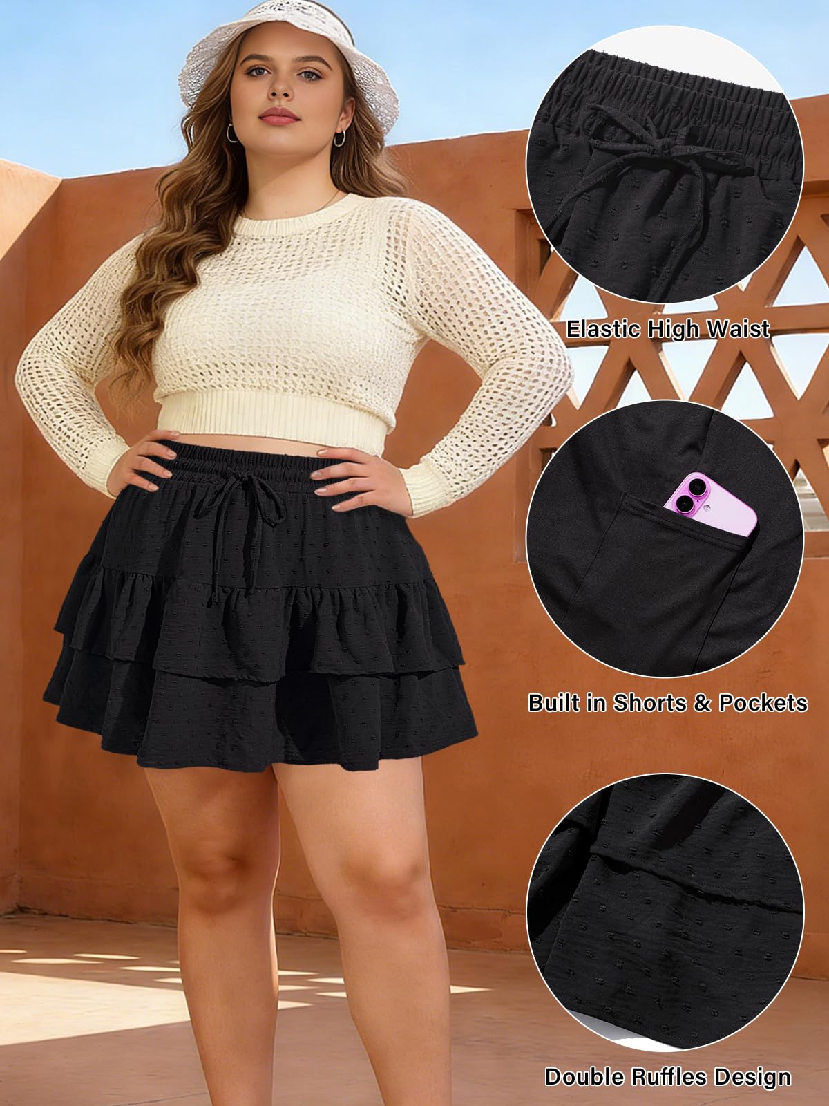 Plus Size Tiered Mini Skirts - Black-Moon Wood