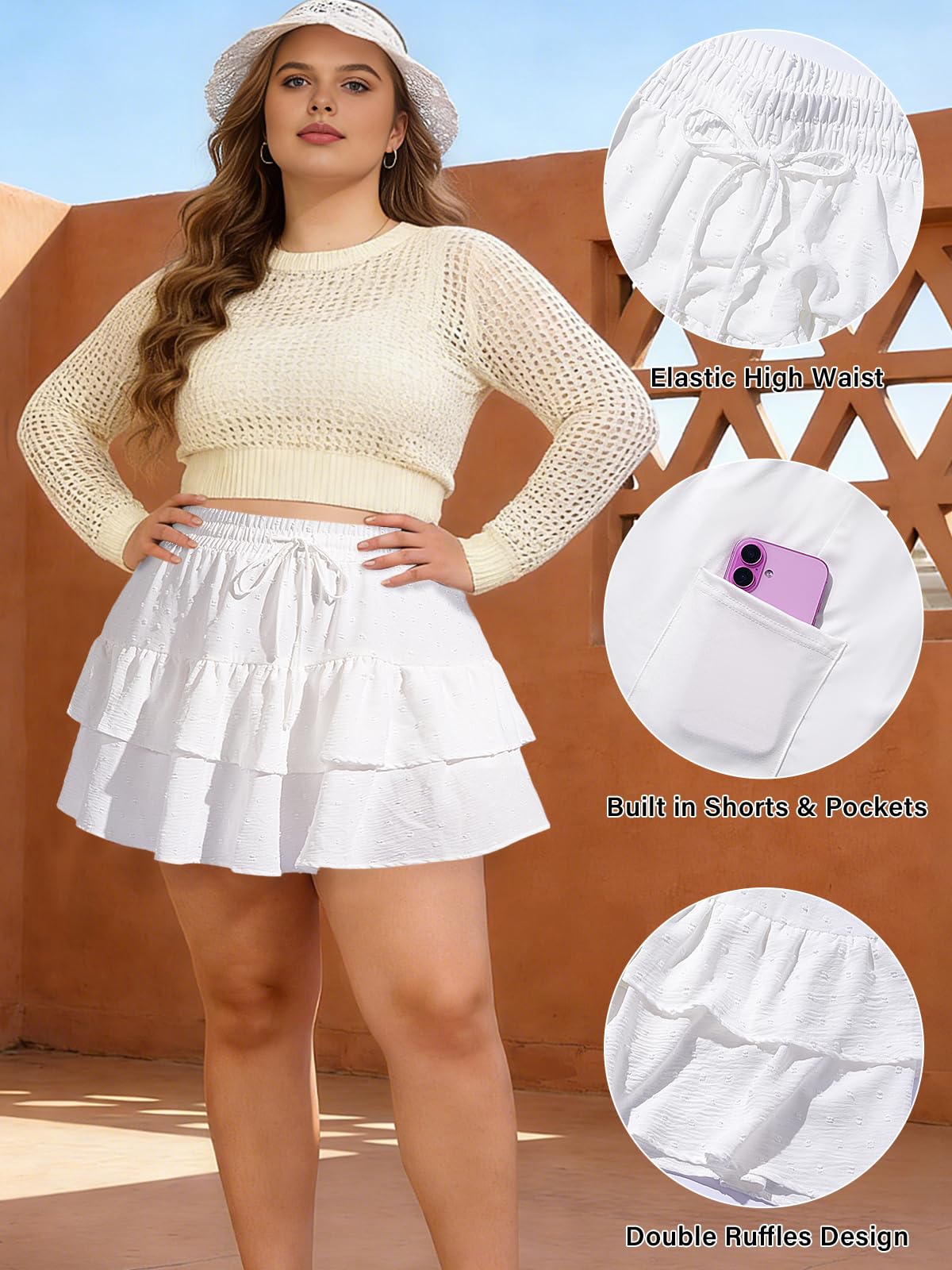 Plus Size Tiered Mini Skirts - White-Moon Wood