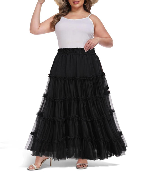 plus size black tutu dress Plus Size Tulle Maxi Skirt A Line Tiered - Black