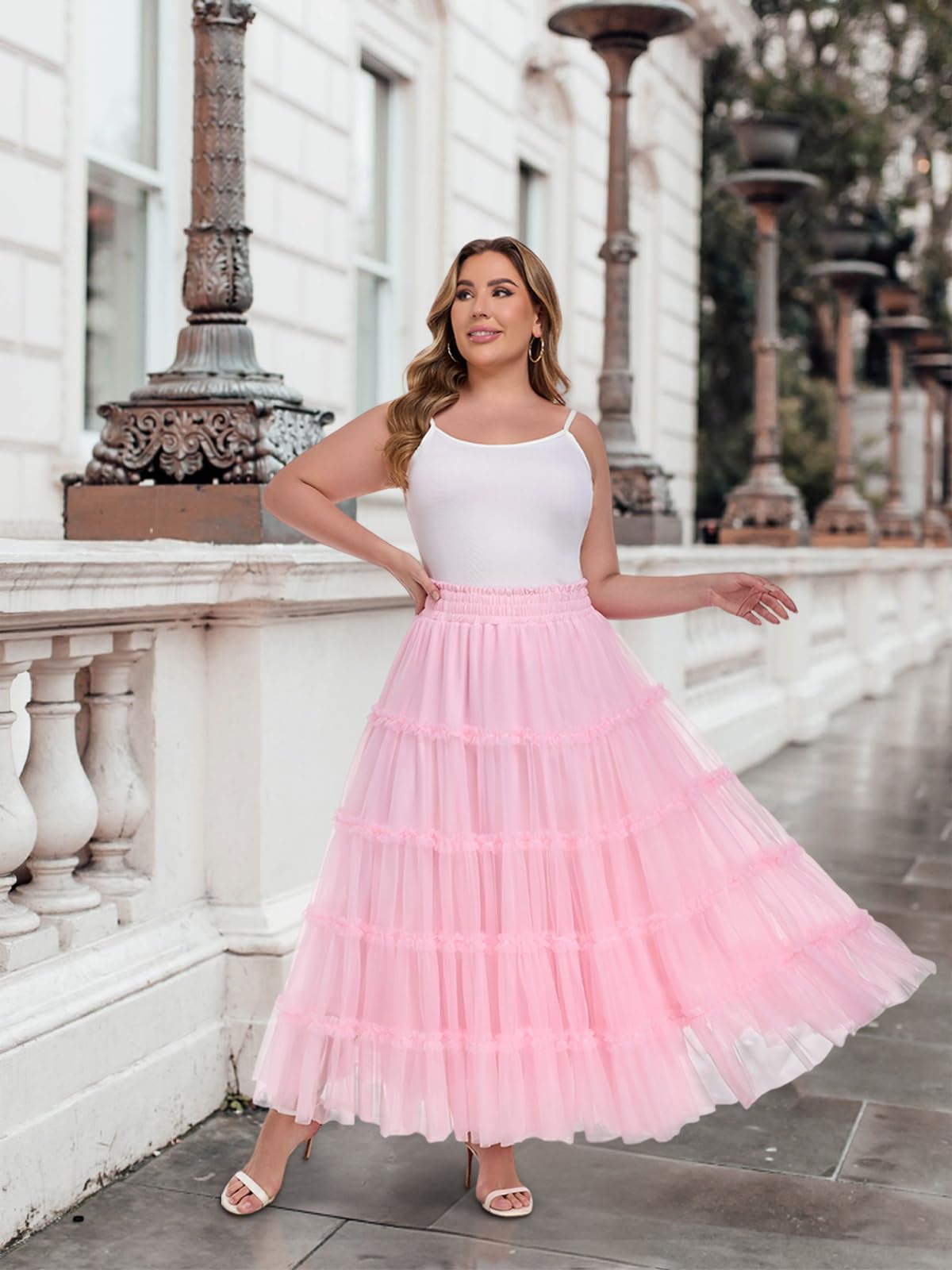 Plus Size Tulle Maxi Skirt A Line Tiered - Pink | Moon Wood
