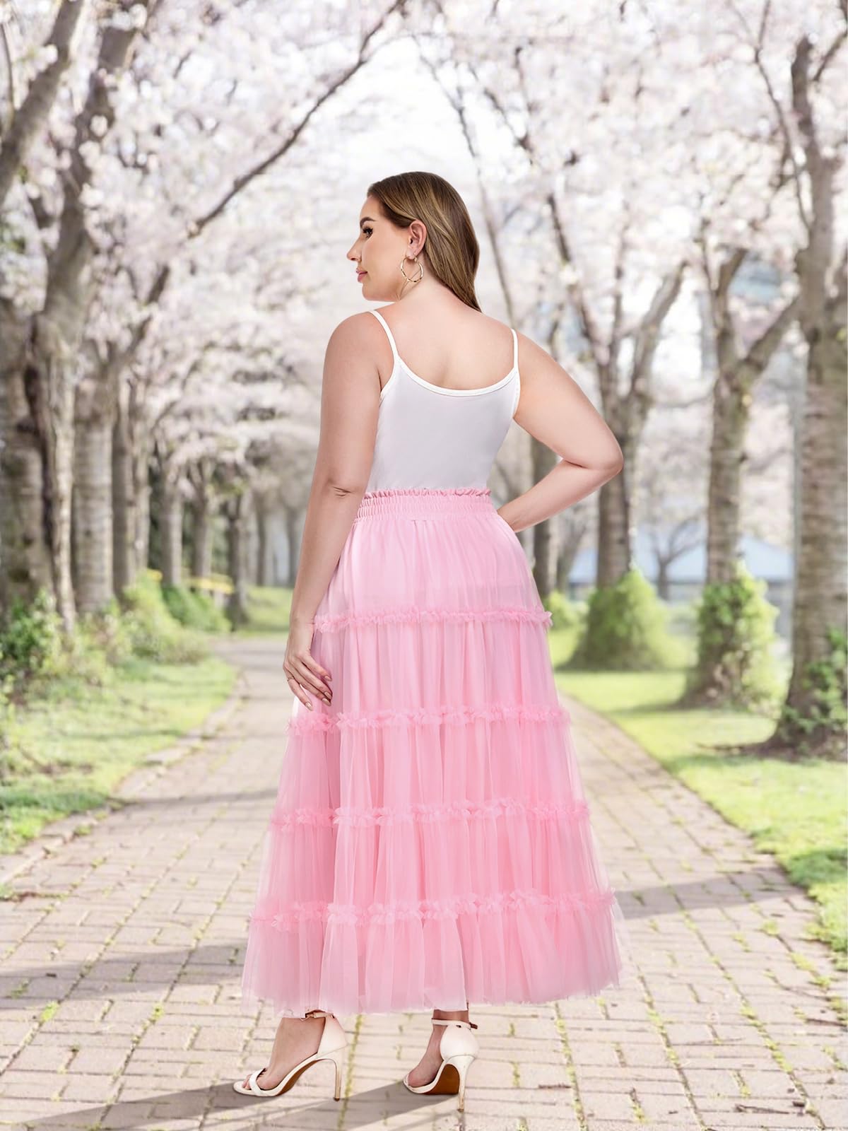 Plus Size Tulle Maxi Skirt A Line Tiered - Pink | Moon Wood