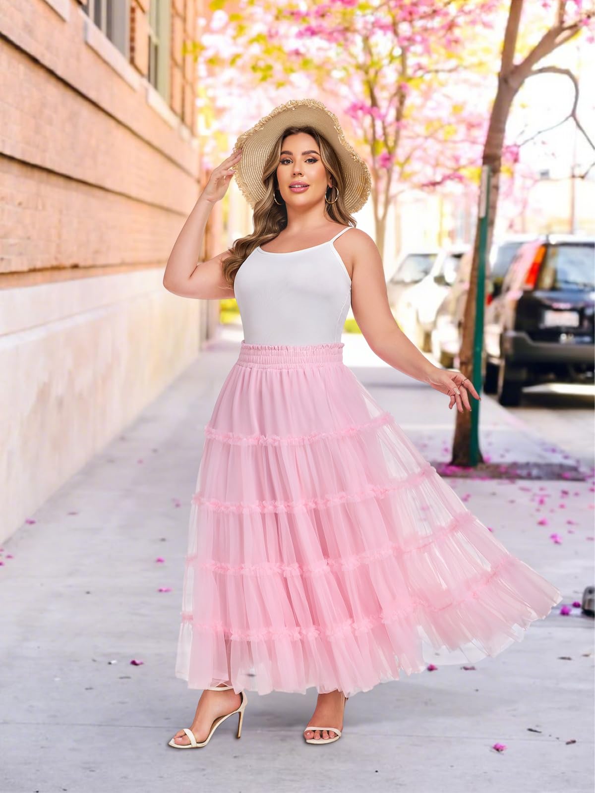 Plus Size Tulle Maxi Skirt A Line Tiered - Pink | Moon Wood