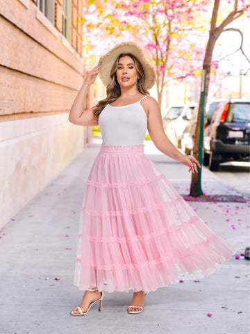Plus Size Tulle Maxi Skirt A Line Tiered - Pink | Moon Wood Plus Size Tulle Maxi Skirt A Line Tiered - Pink | Moon Wood