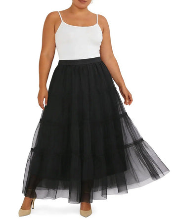 Plus Size Tulle Maxi Skirt Tiered Flowy - Black-Moon Wood