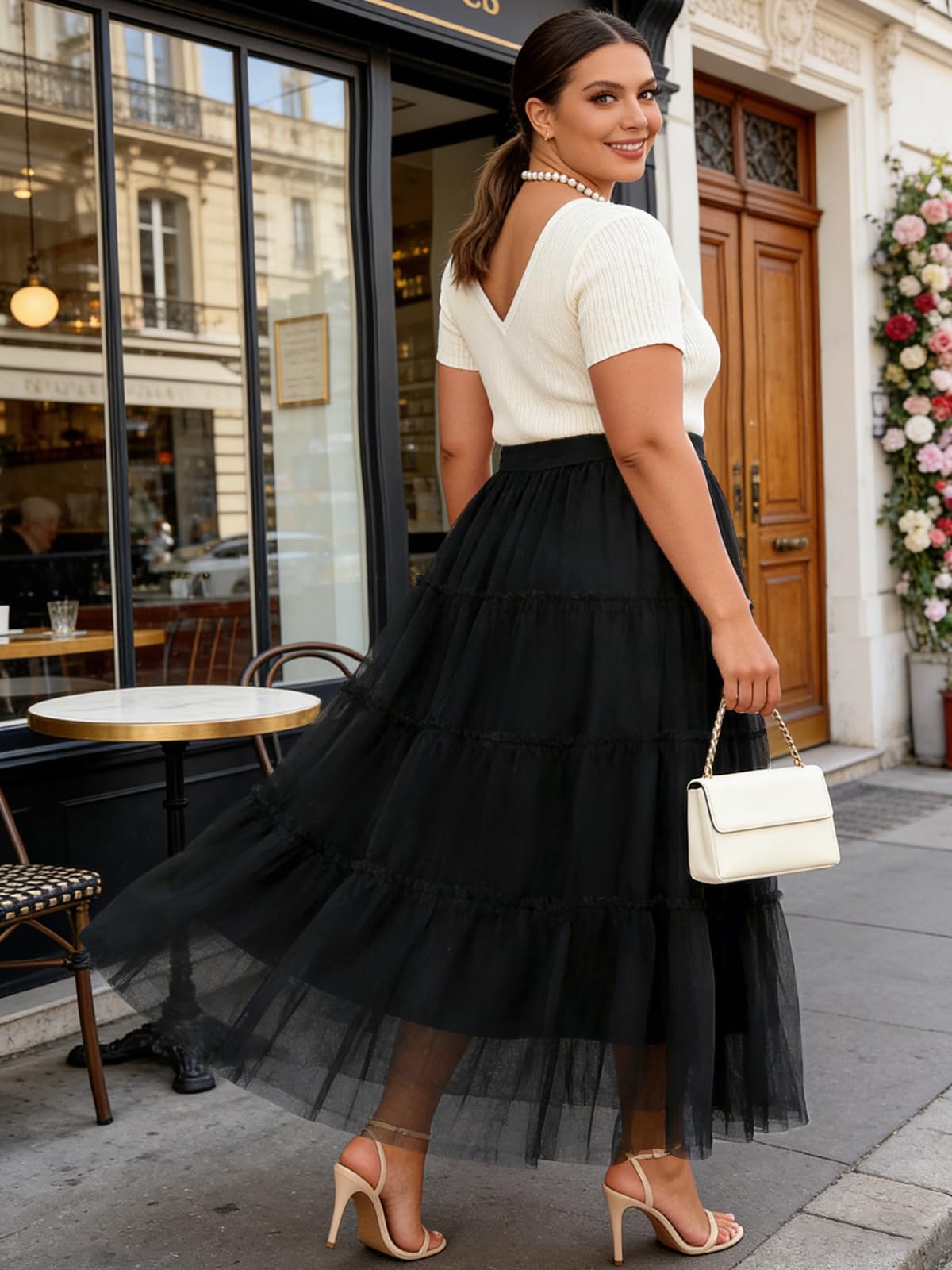 Plus Size Tulle Maxi Skirt Tiered Flowy - Black-Moon Wood