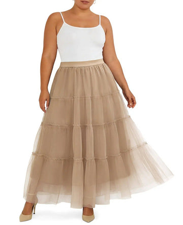 Plus Size Tulle Maxi Skirt Tiered Flowy - Khaki-Moon Wood