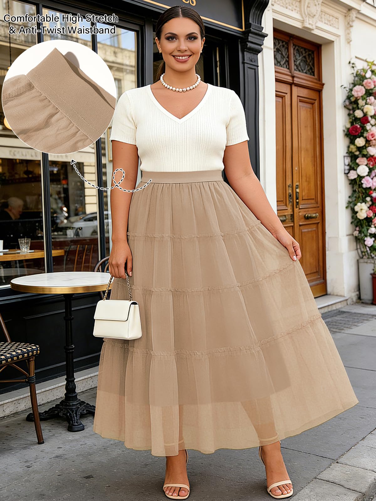 Plus Size Tulle Maxi Skirt Tiered Flowy - Khaki-Moon Wood