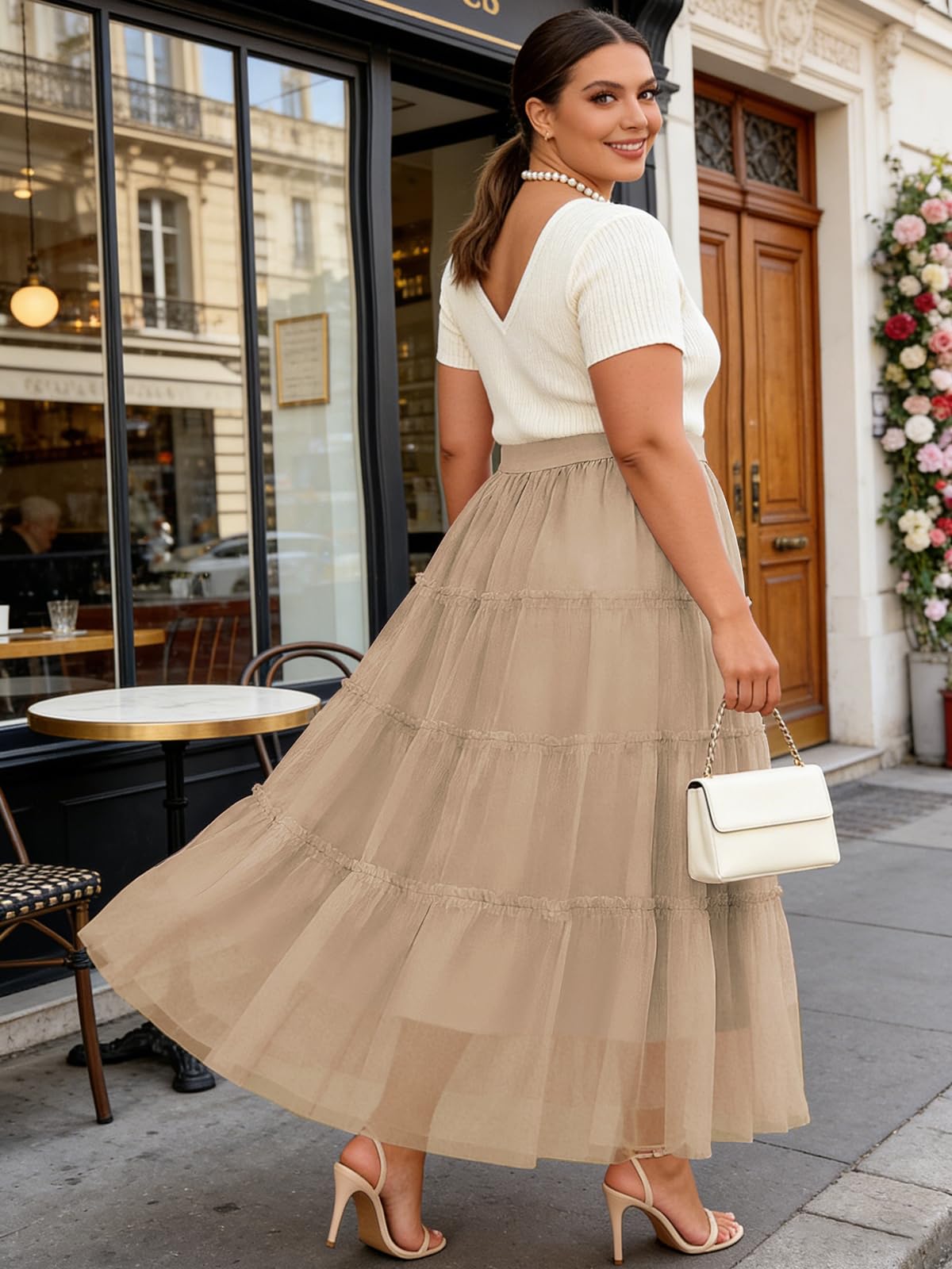 Plus Size Tulle Maxi Skirt Tiered Flowy - Khaki-Moon Wood