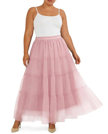 Plus Size Tulle Maxi Skirt Tiered Flowy - Pink-Moon Wood
