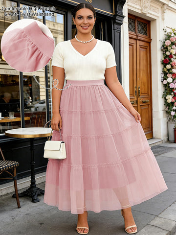 Plus Size Tulle Maxi Skirt Tiered Flowy - Pink-Moon Wood