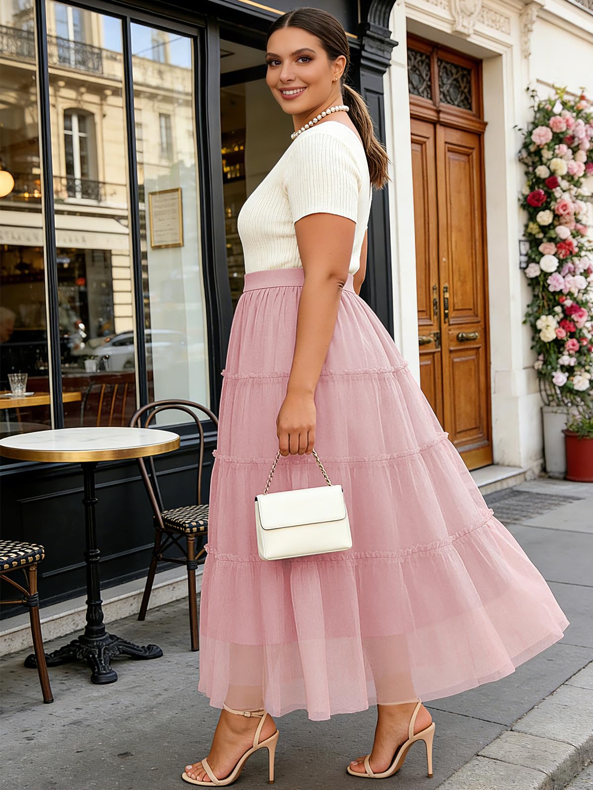Plus Size Tulle Maxi Skirt Tiered Flowy - Pink-Moon Wood