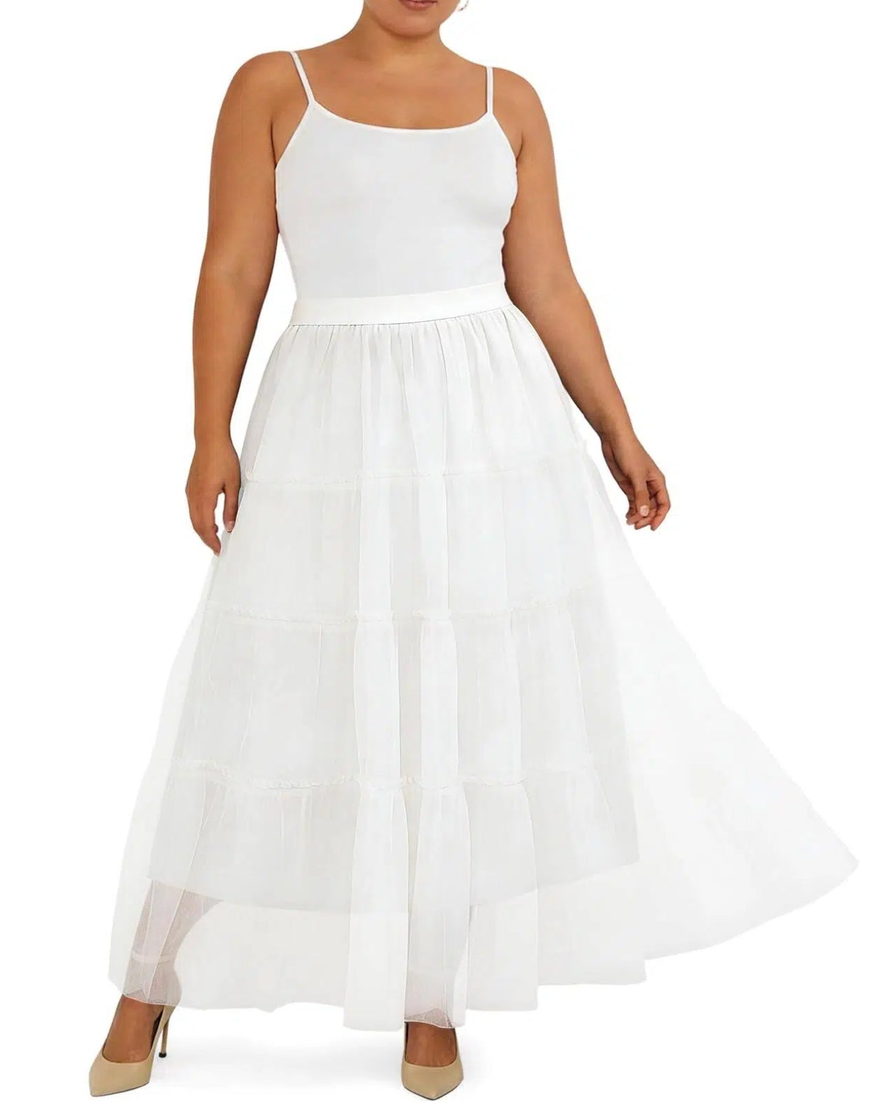 Plus Size Tulle Maxi Skirt Tiered Flowy - White-Moon Wood