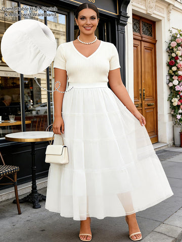 Plus Size Tulle Maxi Skirt Tiered Flowy - White-Moon Wood