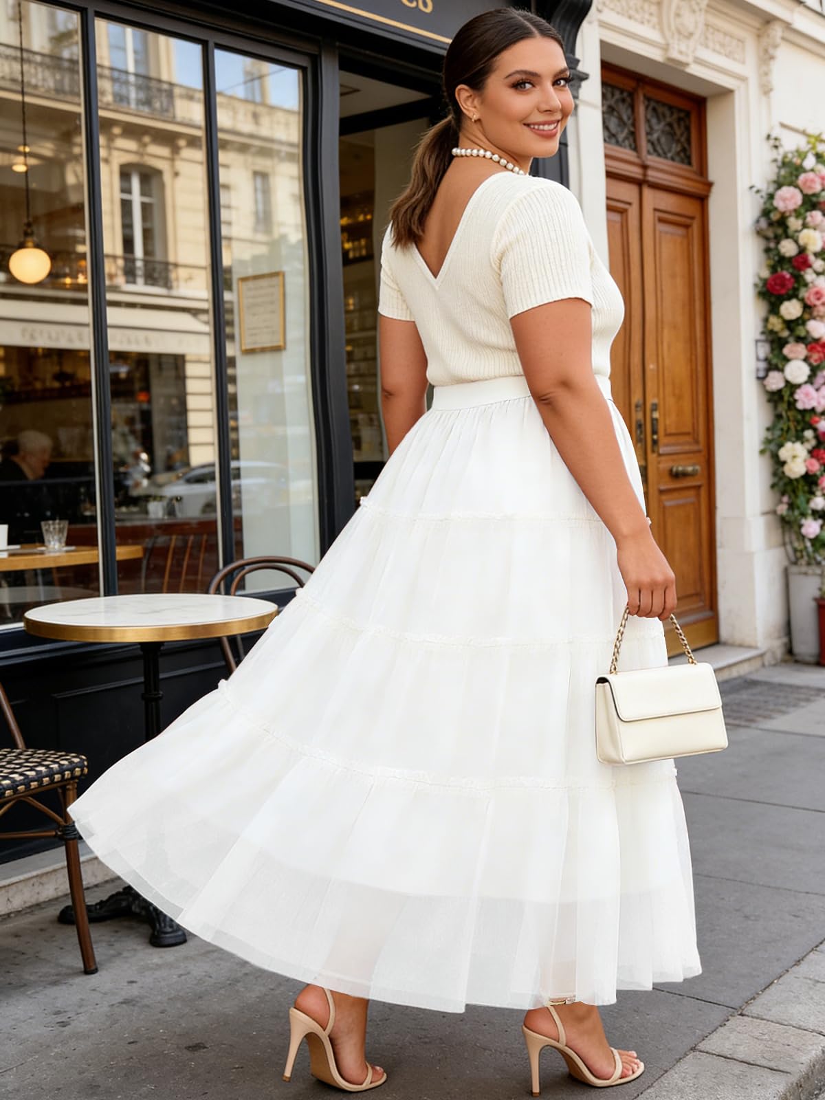 Plus Size Tulle Maxi Skirt Tiered Flowy - White-Moon Wood