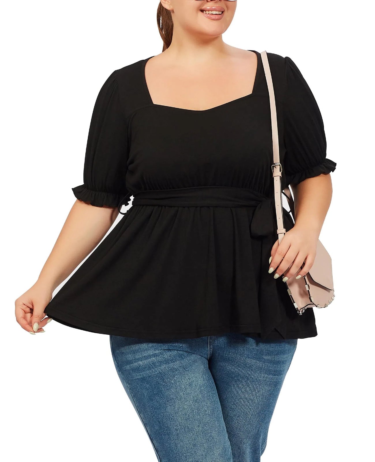 Plus Size Tunic Tops Puff Sweetheart Neck-Black