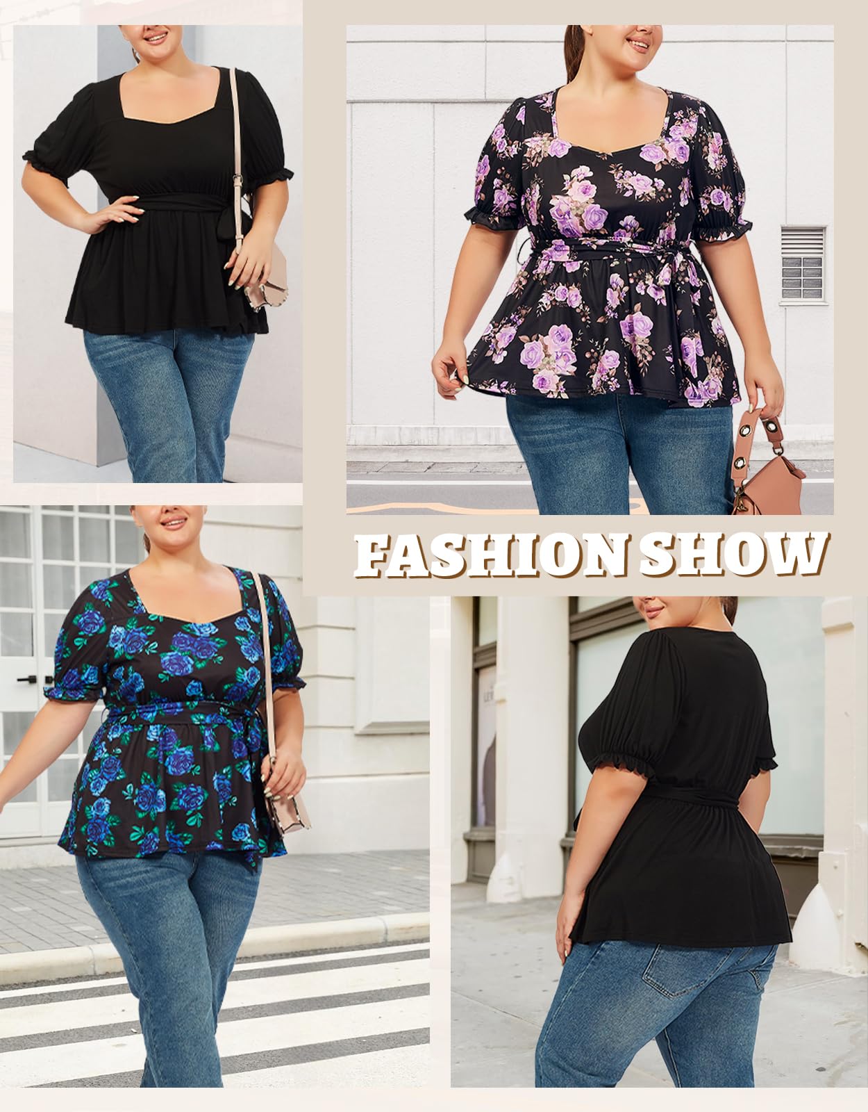 Plus Size Tunic Tops Puff Sweetheart Neck-Black | Moon Wood Plus Size Tunic Tops Puff Sweetheart Neck-Black | Moon Wood