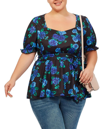 Plus Size Tunic Tops Puff Sweetheart Neck-Blue Floral Print