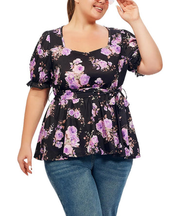 Plus Size Tunic Tops Puff Sweetheart Neck-Purple Floral Print