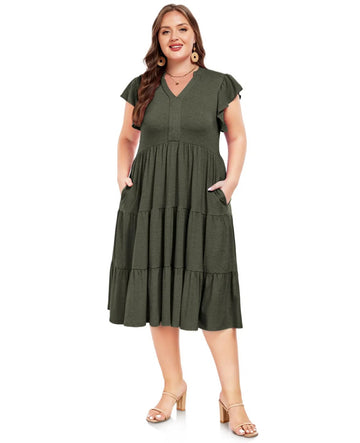 Plus Size V Neck Ruffle Midi Dress-Army Green