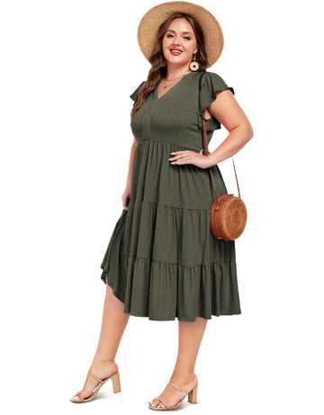 Plus Size V Neck Ruffle Midi Dress-Army Green