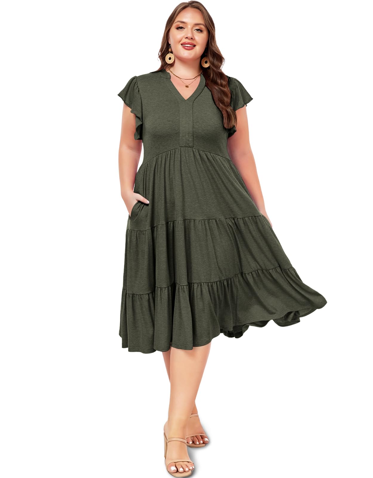 Plus Size V Neck Ruffle Midi Dress-Army Green, 5XL Plus Size V Neck Ruffle Midi Dress-Army Green, 5XL