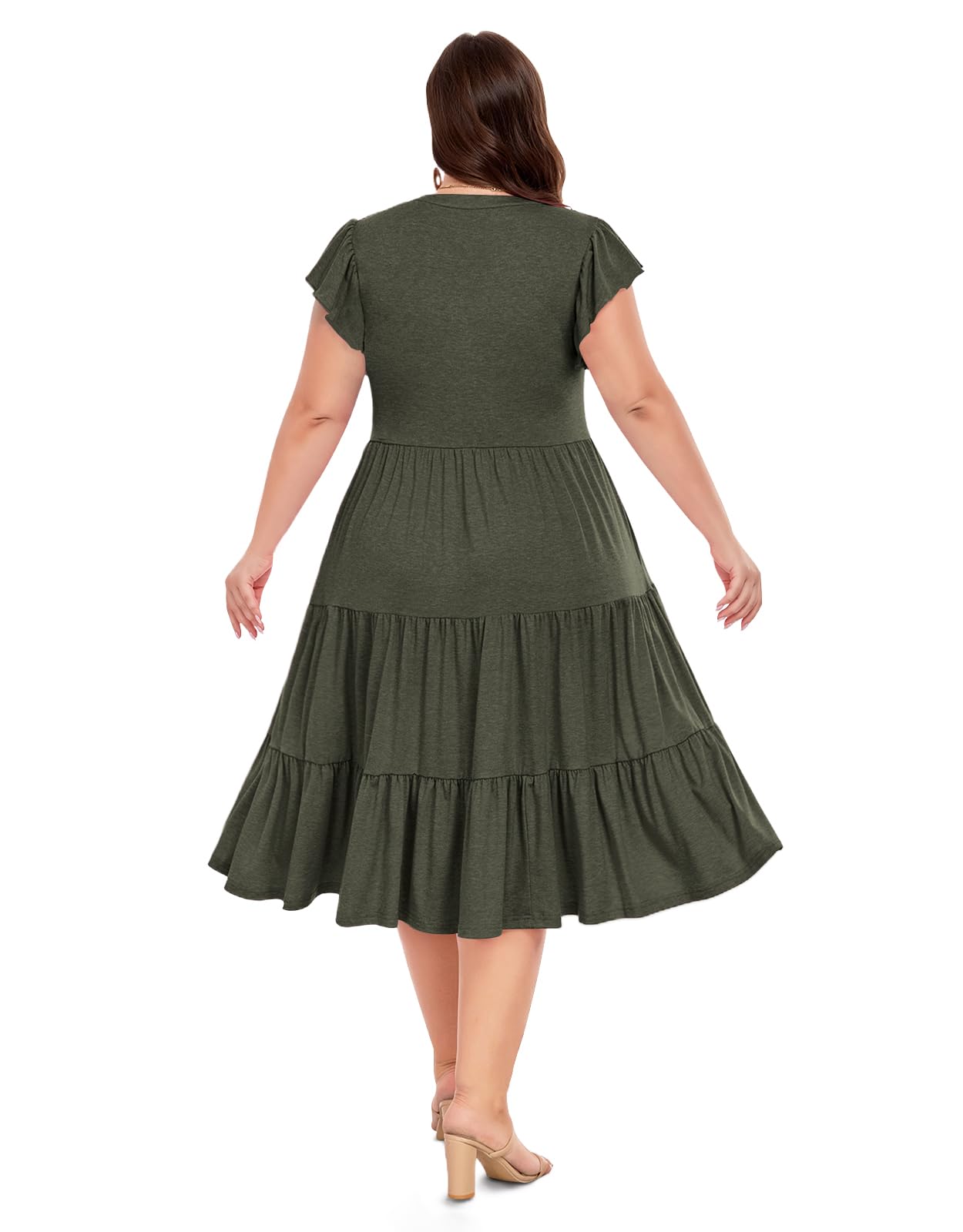 Plus Size V Neck Ruffle Midi Dress-Army Green | Moon Wood Plus Size V Neck Ruffle Midi Dress-Army Green | Moon Wood